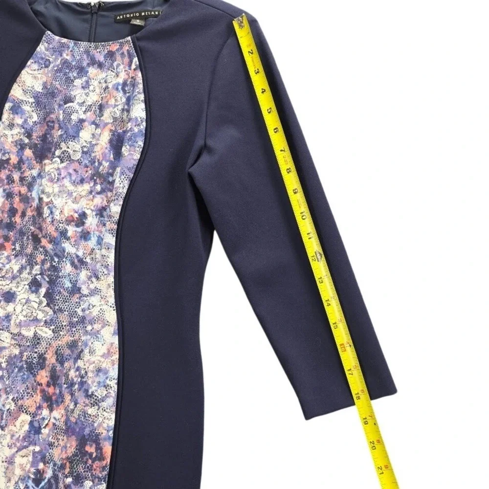 Antonio‎ Melani Navy Blue Floral Lace Print Illusion Sheath Dress 3/4 Sleeve 6